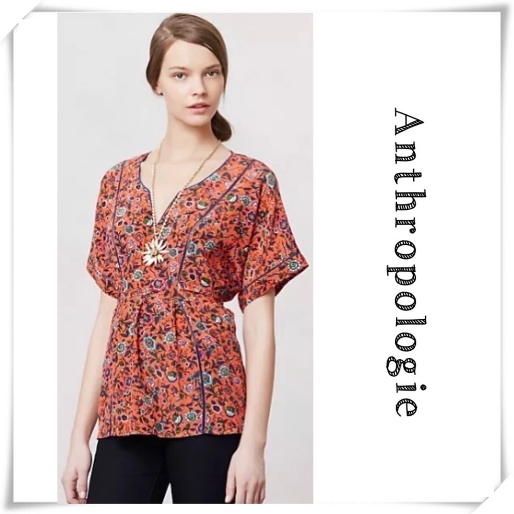 ANTHROPOLOGIE Maeve Floral Maes Multicolor Silk Tie Short Sleeve Kimono Orange